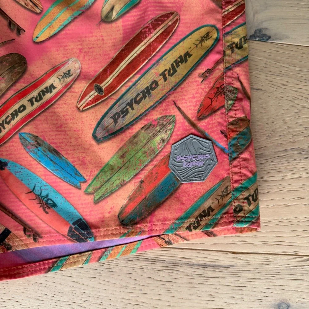 Psycho Tuna Boys Surfboard Print Swim Trunks Coral Pink Size L 14-16
